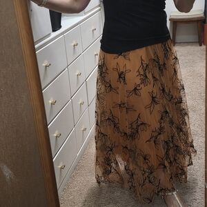 Chicwish Rust With Black Floral Overlay Tulle Skirt